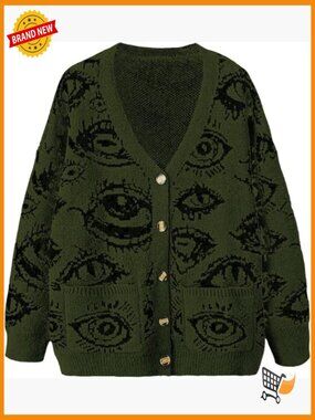 Women's Plus Size Button Down Eye Print Goth Cardigan Punk Grunge Sweater